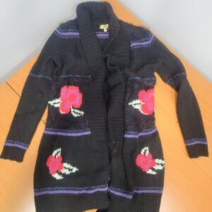 Princess Vera Wang Knit Black with Red Pink Purple and Whie Flowers Open Sweater